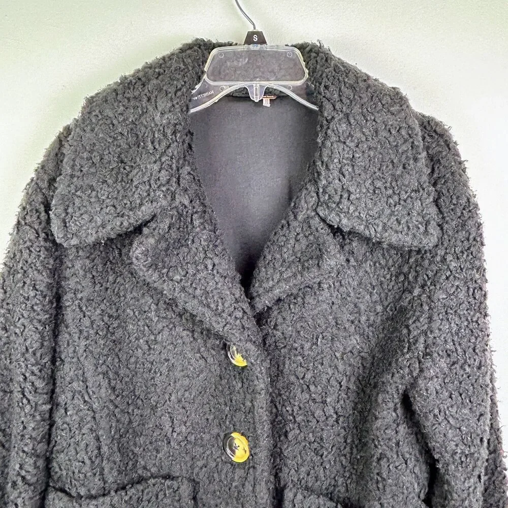 Free People So Soft Cozy Peacoat Sherpa Teddy Jacket Faux Shearling Black Coat S